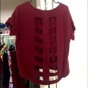 Light T shirt, maroon, and open back pattern